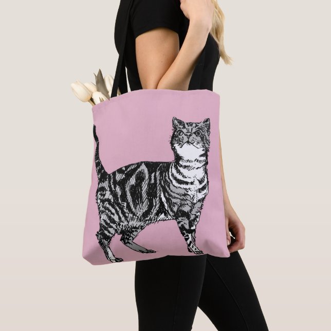 Cute Pink Girls Room Tabby Cat Grocery Tote Bag (Close Up)