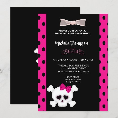 Girly  Skull Pink  Birthday Invitations