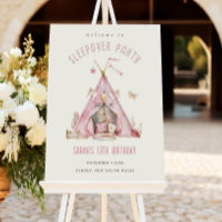 Cute Pink Girls Tent Sleepover Watercolor Birthday