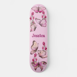 Cute Pink Girly Butterflies Floral Monogram Skateboard