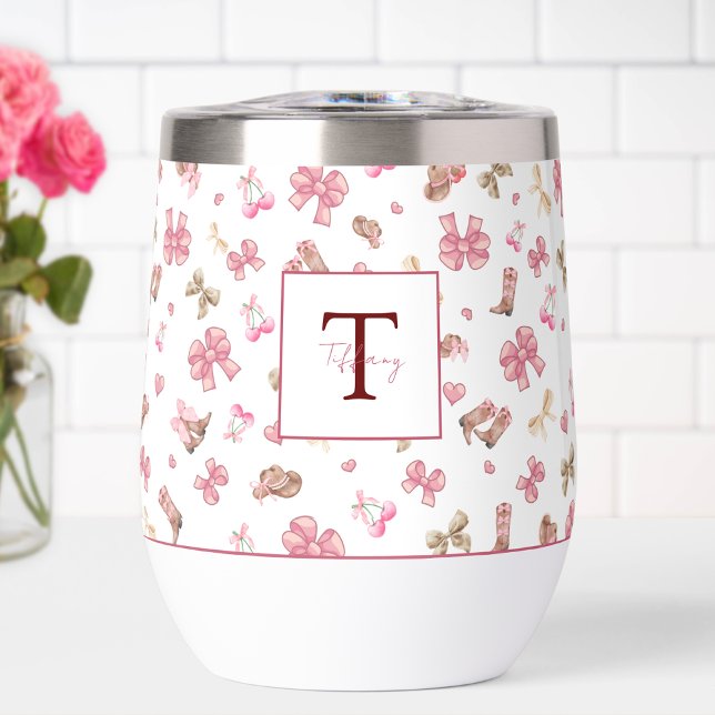 Cute Pink Girly Cowgirl Boots Hats and Bows Thermal Wine Tumbler (Creator Uploaded)