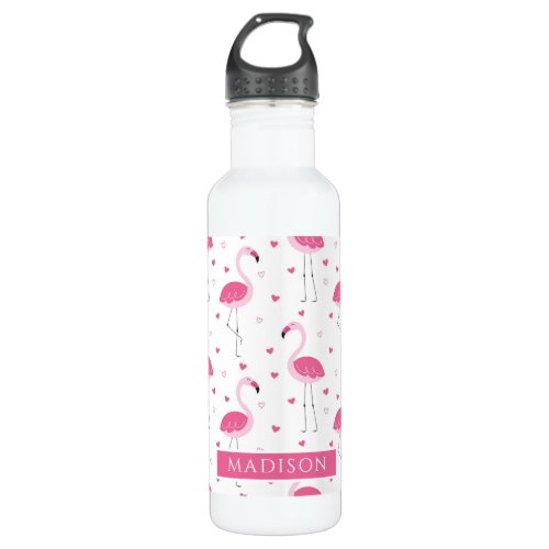 Cute Pink Girly Flamingo Love Heart Personalized Stainless Steel Water Bottle