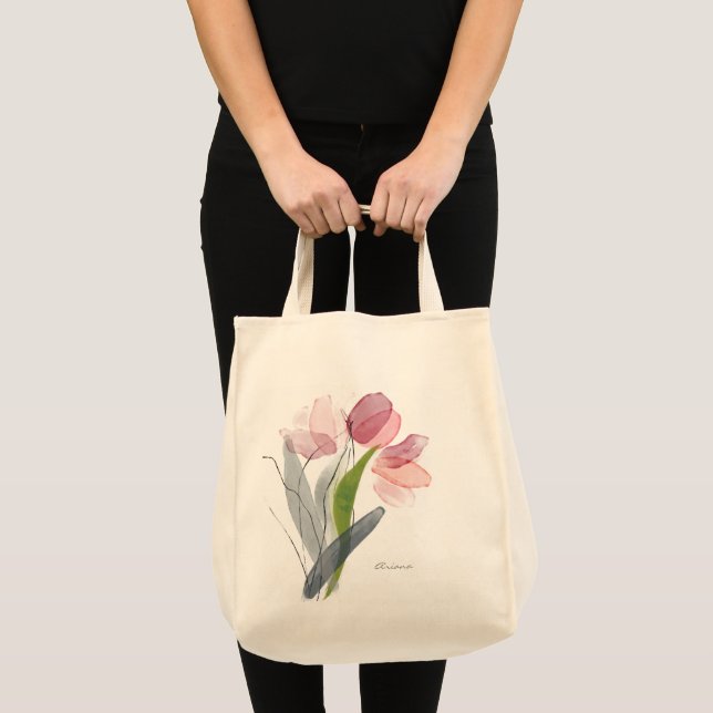 Cute Pink Girly Floral Tulips Green Leaves Tote Bag (Front (Product))