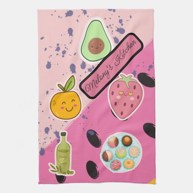 Cute pink girly Fruit and Dessert illustration Kitchen Towel (Vertical)