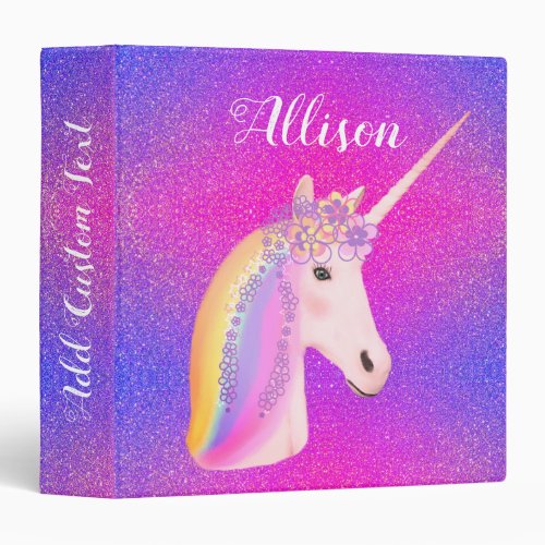 Cute Pink Girly Glitter Unicorn Personalized 3 Ring Binder