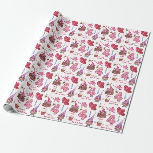 Cute Pink Girly Gnome Four Year Old Birthday Wrapping Paper