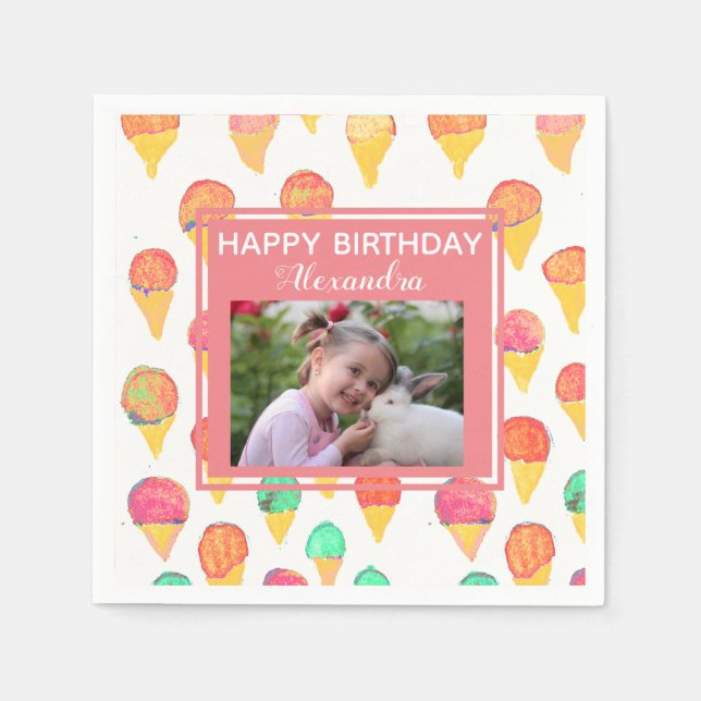 Cute Pink Girly Ice Cream Birthday Party Photo Napkins (Front)