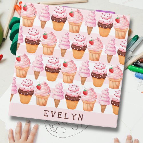 Cute Pink Girly Ice Cream Cupcakes School 3 Ring Binder