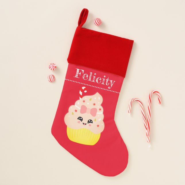 Cute Pink Girly Kawaii Cupcake Kids Xmas Christmas Stocking (Front)