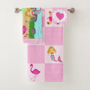 Cute Pink Girly Mermaid Colorful Rainbow Bath Towel Set
