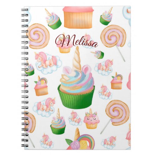 Cute Pink Girly Name Cupcake Unicorn Pattern Notebook