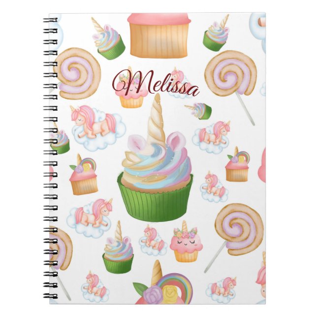 Cute Pink Girly Name Cupcake Unicorn Pattern Notebook (Front)