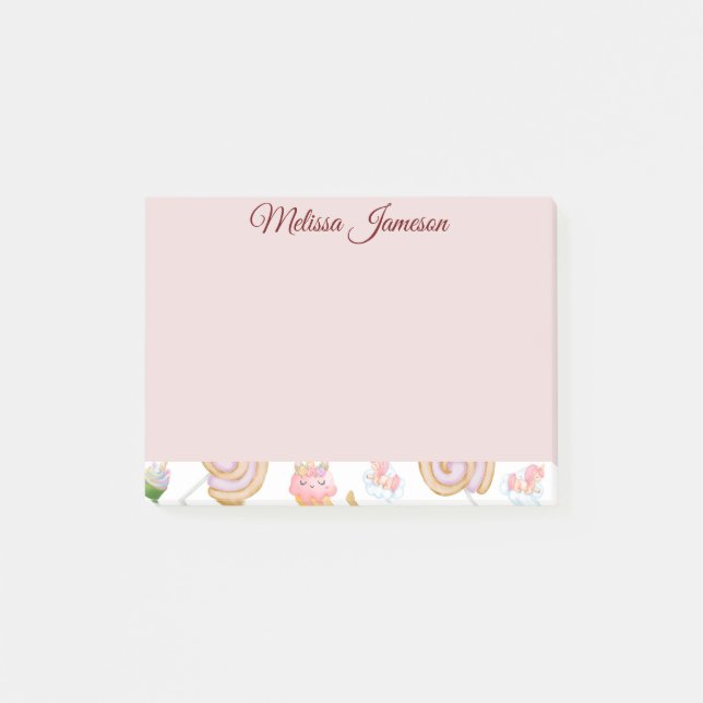 Cute Pink Girly Name Cupcake Unicorn Pattern Post-it Notes (Front)
