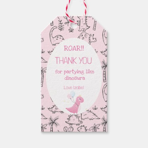 Cute Pink Girly Roar Dinosaur Birthday Party  Gift Tags