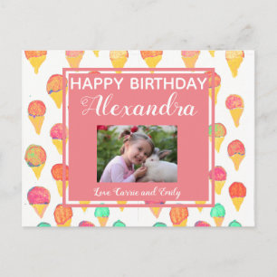 Cute Pink Girly Watercolor Happy Birthday Photo Postcard