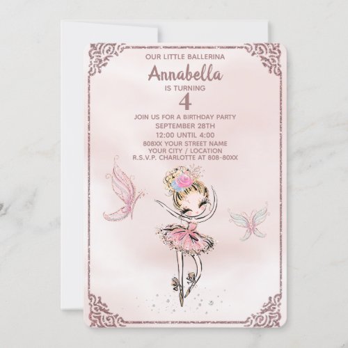 Cute Pink Glitter Ballerina and Butterflies Invita Invitation