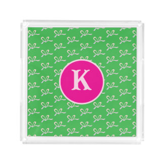 Cute Pink Glitter Bow Monogram Acrylic Tray