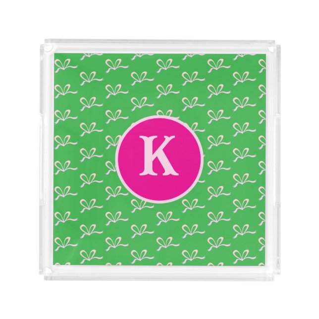 Cute Pink Glitter Bow Monogram Acrylic Tray (Front)