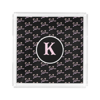 Cute Pink Glitter Bow Monogram Acrylic Tray