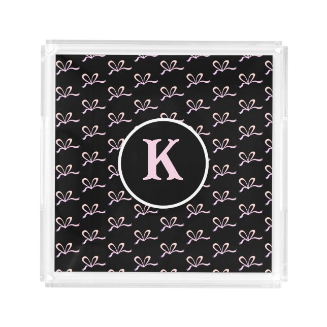 Cute Pink Glitter Bow Monogram Acrylic Tray (Front)