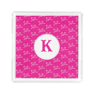 Cute Pink Glitter Bow Monogram Acrylic Tray