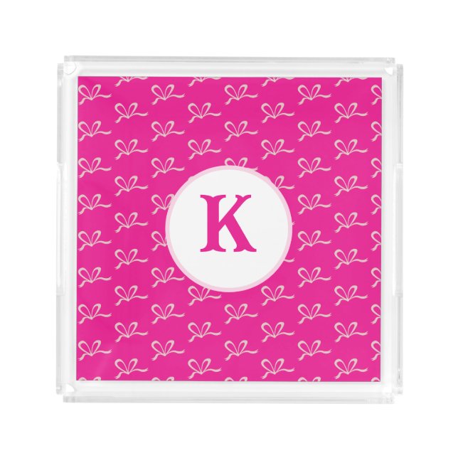 Cute Pink Glitter Bow Monogram Acrylic Tray (Front)