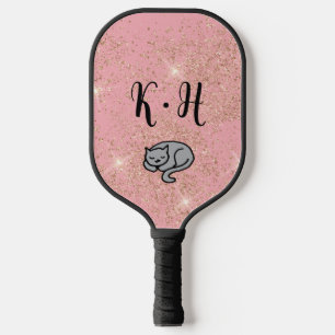 Cute Pink Glitter Cat Monogram Pickleball Paddle