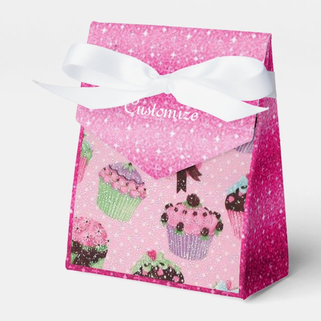 Cute Pink Glitter Cupcake Favor Box (Front Side)