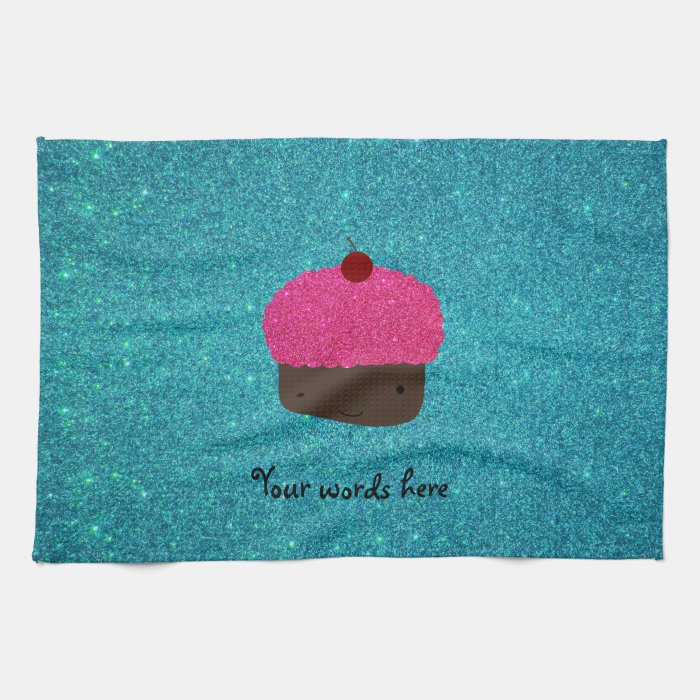 Cute pink glitter cupcake turquoise glitter kitchen towels