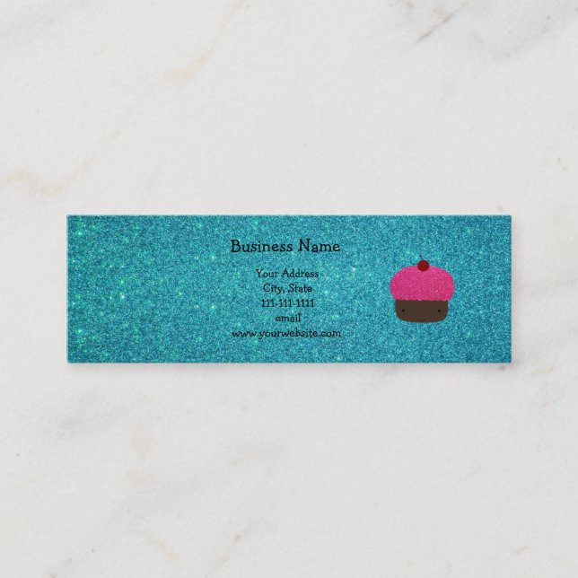 Cute pink glitter cupcake turquoise glitter mini business card (Front)