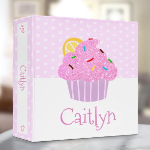 Cute Pink Glitter Cupcake with Hearts Custom Name 3 Ring Binder