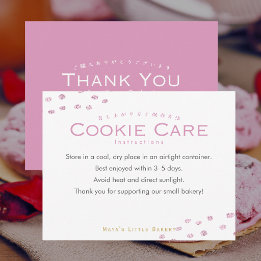 Cute Pink Glitter Dot Cookie Care Instructions Thank You Card