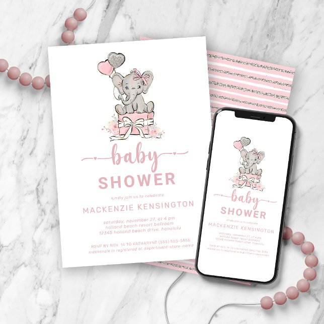 Cute Pink Glitter Elephant Baby Shower Invitation (Creator Uploaded)