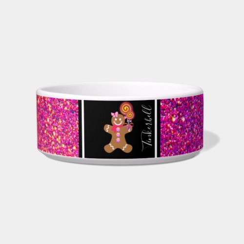 Cute Pink Glitter Gingerbread Girl Customized Dog Bowl