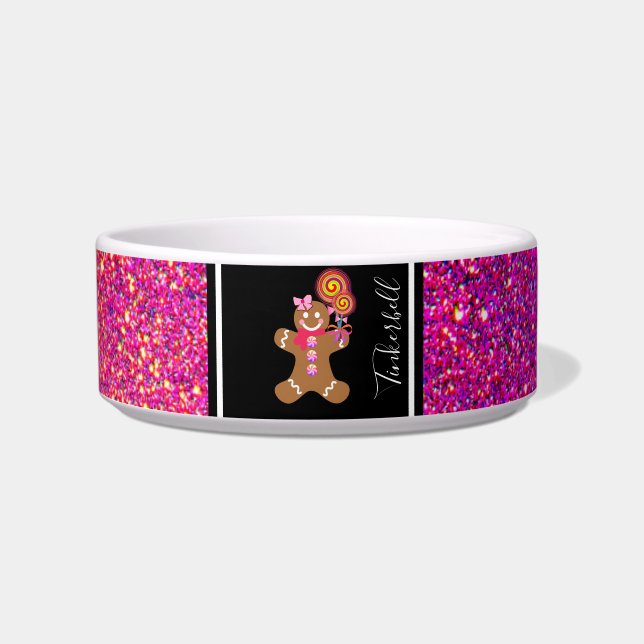 Cute Pink Glitter Gingerbread Girl Customized Dog Bowl (Front)