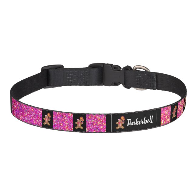 Cute Pink Glitter Gingerbread Girls Personalized Pet Collar (Front)