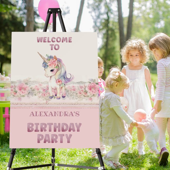 Cute Pink Glitter Girls Unicorn Birthday Welcome Foam Board (Creator Uploaded)