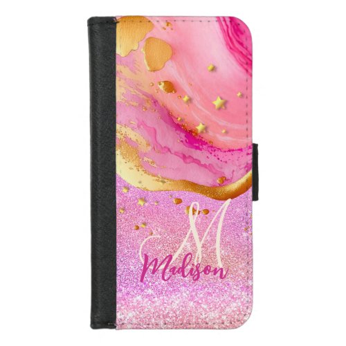 Cute pink glitter gold marble art monogram  iPhone 87 wallet case