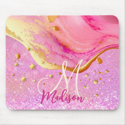 Cute pink glitter gold marble art monogram  mouse pad