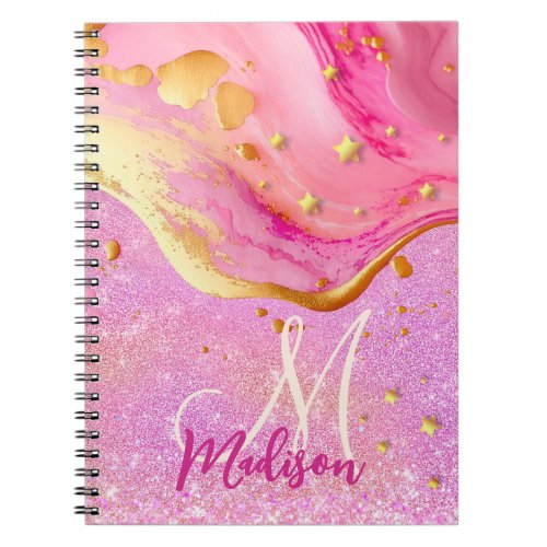 Cute pink glitter gold marble art monogram  notebook