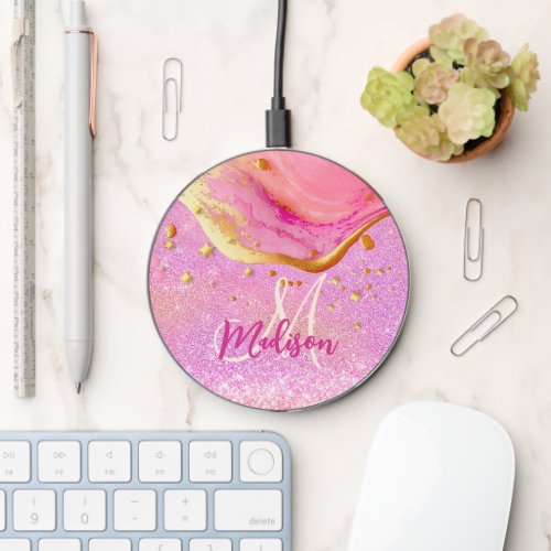 Cute pink glitter gold marble art monogram  wireless charger 