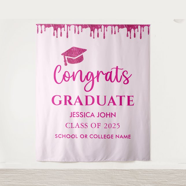 Cute Pink Glitter Graduation Photo Booth Backdrop (Front)