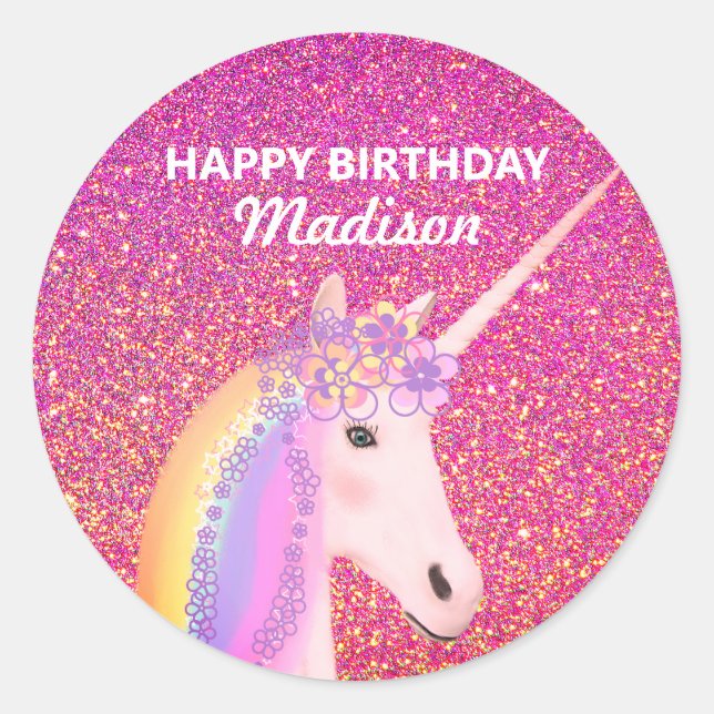 Cute Pink Glitter Happy Birthday Unicorn Classic Round Sticker (Front)