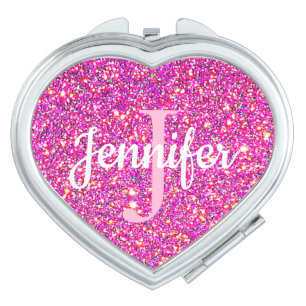 Cute Pink Glitter Heart Shaped Monogram Compact Mirror