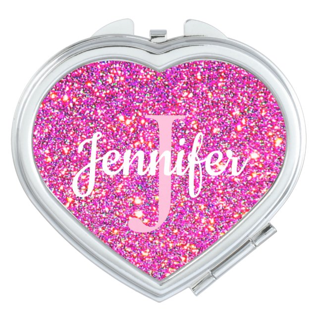 Cute Pink Glitter Heart Shaped Monogram Compact Mirror (Front)