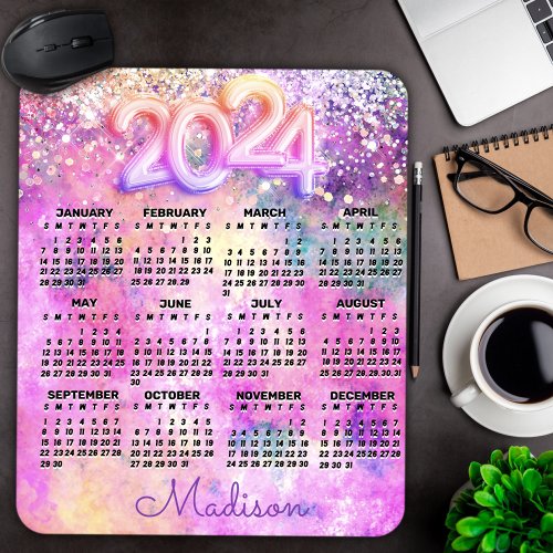 Cute pink glitter monogram 2024 calendar  mouse pad