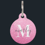 Cute Pink Glitter Monogram Name Pet ID Tag<br><div class="desc">Stylish pet ID tag featuring a cute pink glitter effect background,  your dogs initial,  name and your phone number on the back.</div>