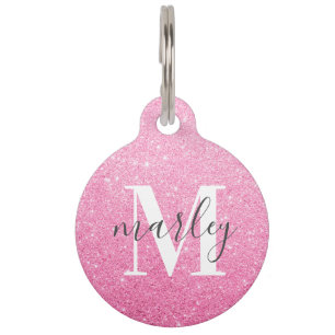 Cute Pink Glitter Monogram Name Pet ID Tag