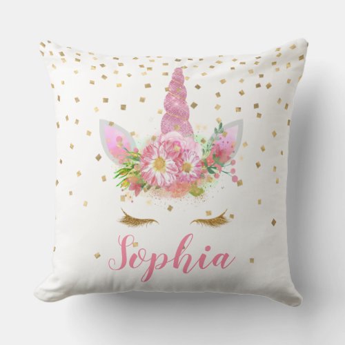 Cute Pink Glitter Unicorn Face Personalized Throw Pillow