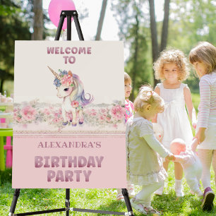 Cute Pink Glitter Unicorn Girl Birthday Welcome  Foam Board